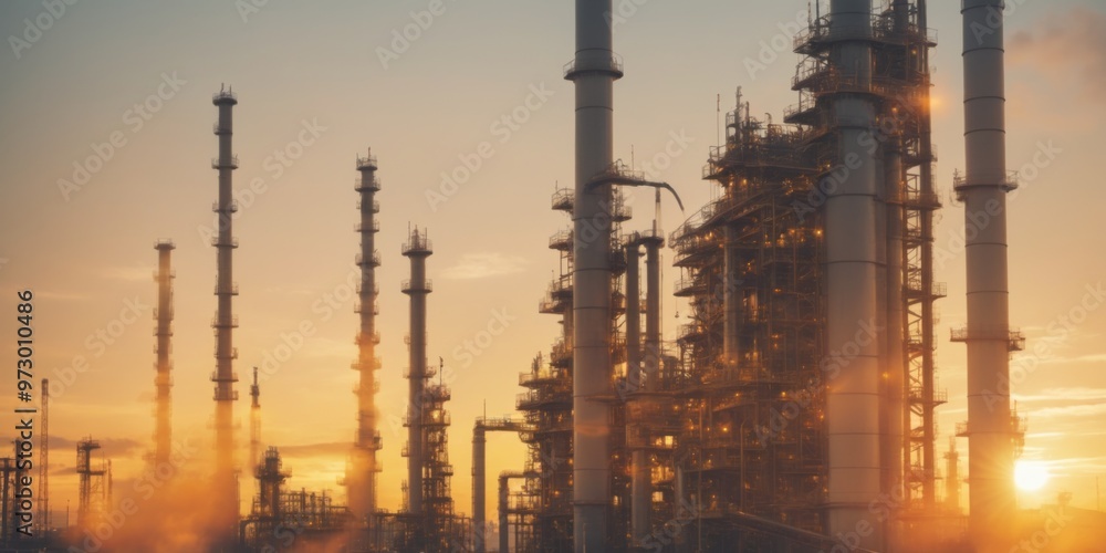 Industrial plant with tall structures and pipes, resembling oil Industrial plant with tall structures and pipes, resembling oil