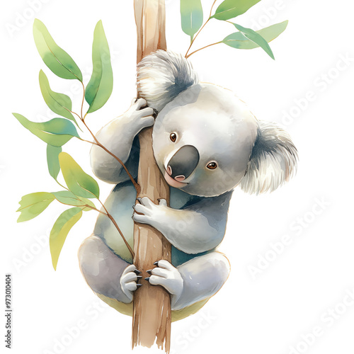 Illustration of a cute koala bear hugging a tree branch with green leaves, perfect for nature-themed designs and children's books. photo