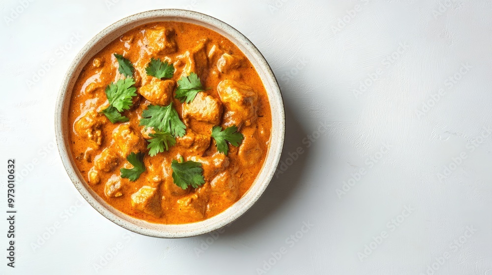 Bowl of rich, creamy chicken tikka masala on a clean white background with ample copy space, highlighting the vibrant colors and textures of the dish. Bowl of rich, creamy chicken tikka masala on a clean white background with ample copy space, highlighting the vibrant colors and textures of the dish.