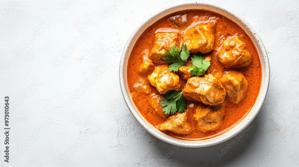Bowl of rich, creamy chicken tikka masala on a clean white background with ample copy space, highlighting the vibrant colors and textures of the dish. Bowl of rich, creamy chicken tikka masala on a clean white background with ample copy space, highlighting the vibrant colors and textures of the dish.
