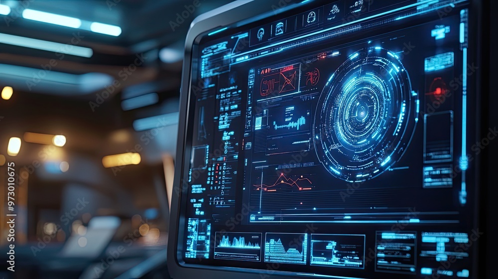 Futuristic Interface with Blue and Red HUD Elements Futuristic Interface with Blue and Red HUD Elements
