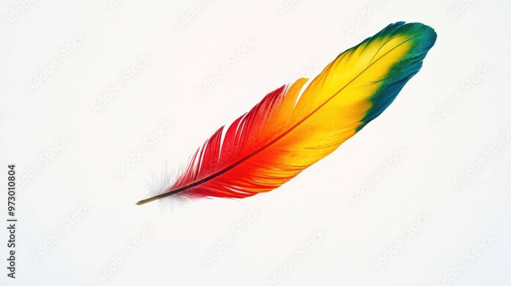 Bright, colorful parrot feather floating against a white background with plenty of space for text, capturing the beauty of nature in vibrant hues. Bright, colorful parrot feather floating against a white background with plenty of space for text, capturing the beauty of nature in vibrant hues.