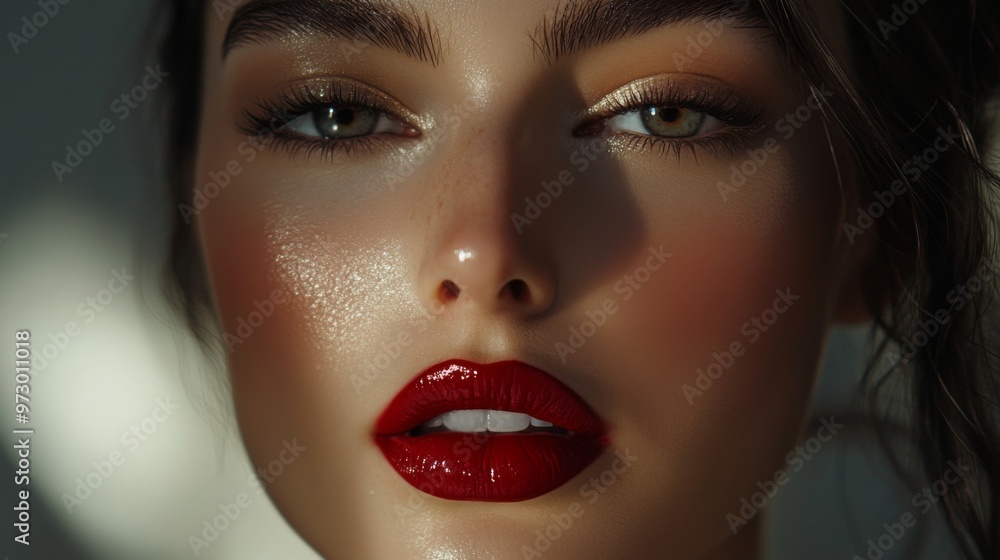 A close-up shot of a woman with flawless makeup, featuring bold red lipstick, perfectly contoured cheeks, and smoky eye makeup, highlighting her elegant beauty. A close-up shot of a woman with flawless makeup, featuring bold red lipstick, perfectly contoured cheeks, and smoky eye makeup, highlighting her elegant beauty.