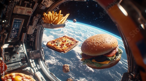 Fototapeta Naklejka Na Ścianę i Meble -  A hamburger, pizza, and french fries floating inside a spaceship in outer space due to zero gravity. The food items are suspended in mid-air.