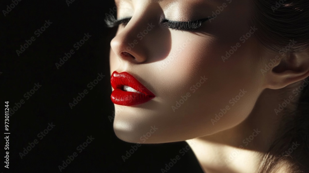 A close-up shot of a woman with flawless makeup, featuring bold red lipstick, perfectly contoured cheeks, and smoky eye makeup, highlighting her elegant beauty. A close-up shot of a woman with flawless makeup, featuring bold red lipstick, perfectly contoured cheeks, and smoky eye makeup, highlighting her elegant beauty.