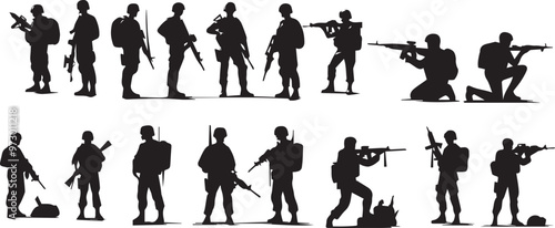 Army silhouette of men soldiers with weapons, a large military vector set 