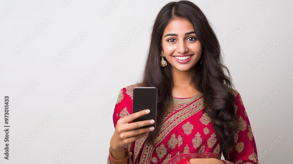 portrait of a smiling young Indian woman in a sari holding a smartphone, isolated on white background, concept of online shopping and social media use portrait of a smiling young Indian woman in a sari holding a smartphone, isolated on white background, concept of online shopping and social media use