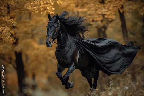 Horse in a witch costume with a flowing black cape galloping through a forest, witch horse, majestic Halloween animal