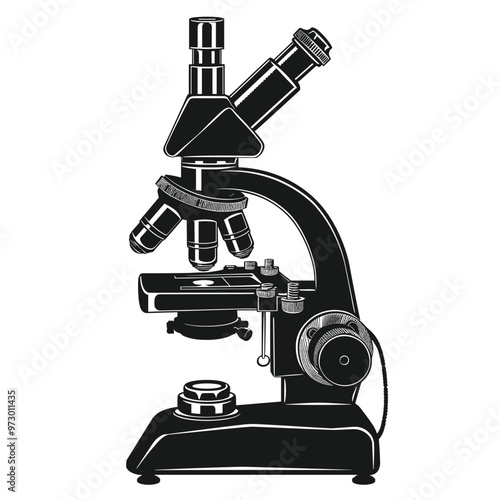 Black and white illustration of a classic microscope with multiple lenses and adjustment knobs.
