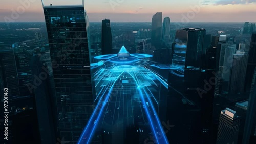 Futuristic drones navigate smart cities, collecting data and relaying information to artificial intelligence, advanced technology and connectivity within urban landscapes. Generative AI