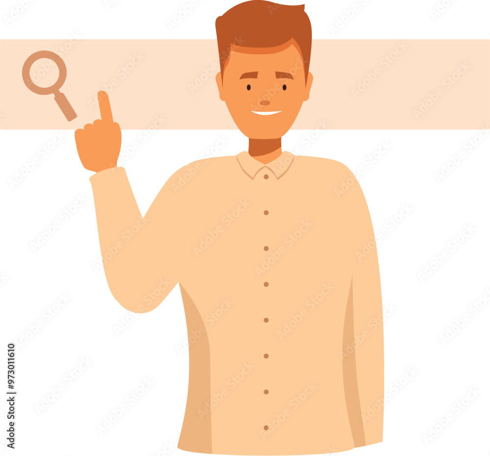Fototapeta premium Friendly young man pointing at a search bar icon, suggesting a simple and intuitive search experience