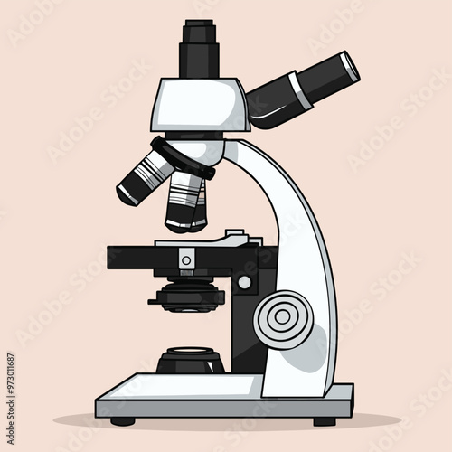 A detailed illustration of a white laboratory microscope with multiple lenses on a light beige background.