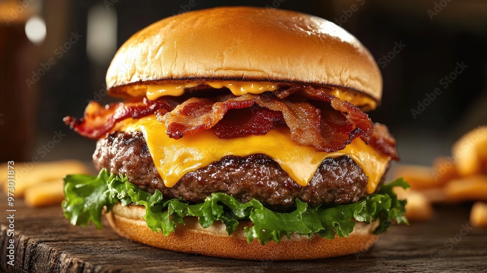 Classic cheeseburger with bacon, cheese, and lettuce on a wooden board, showcasing a delicious comfort food favorite with rich, hearty ingredients Classic cheeseburger with bacon, cheese, and lettuce on a wooden board, showcasing a delicious comfort food favorite with rich, hearty ingredients