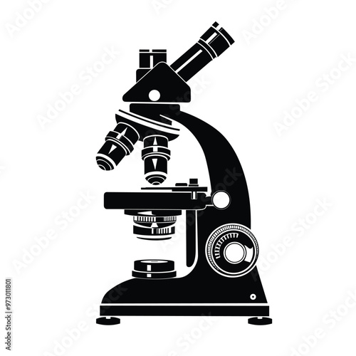 Black and white illustration of a microscope with intricate details on a white background.