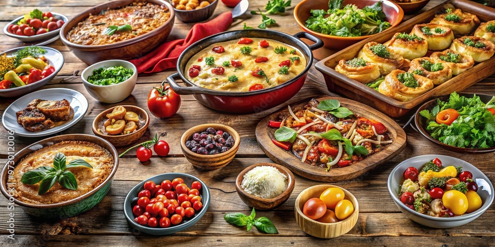 A rustic wooden table is set with a vibrant array of casseroles, salads, and desserts, enveloped in a warm and inviting ambiance. A rustic wooden table is set with a vibrant array of casseroles, salads, and desserts, enveloped in a warm and inviting ambiance.