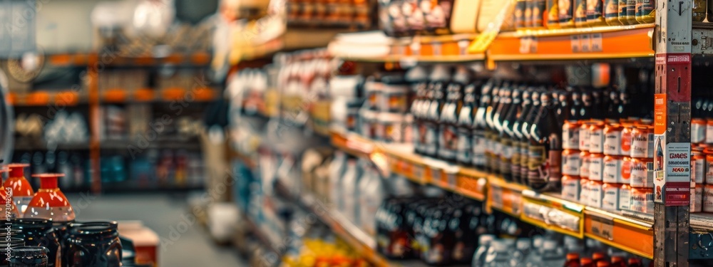 Product shelves in hardware store with blurred background Product shelves in hardware store with blurred background