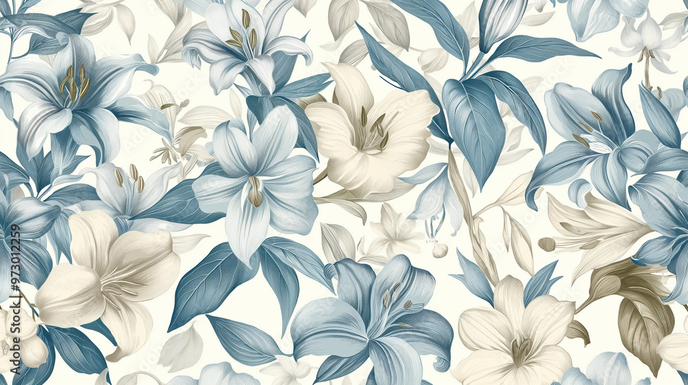 Fototapeta premium A vintage-style floral pattern with lilies and orchids in shades of blue, cream white and gold on an off-white background.
