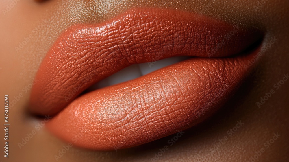 Fototapeta premium Close-up of lips with permanent makeup in a peach shade, showcasing a flawless cosmetic result on smooth, healthy skin.