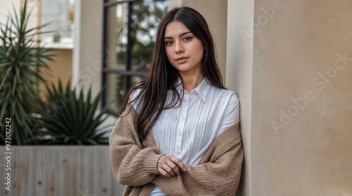 A teenage beautiful girl with long dark hair wearing a white shirt and a beige cardigan. photo