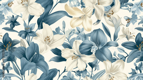 A vintage-style floral pattern with lilies and orchids in shades of blue, cream white and gold on an off-white background. photo