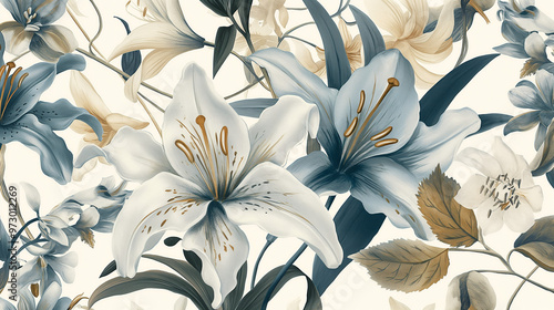 A vintage-style floral pattern with lilies and orchids in shades of blue, cream white and gold on an off-white background.
