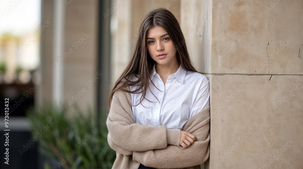 A teenage beautiful girl with long dark hair wearing a white shirt and a beige cardigan. A teenage beautiful girl with long dark hair wearing a white shirt and a beige cardigan.