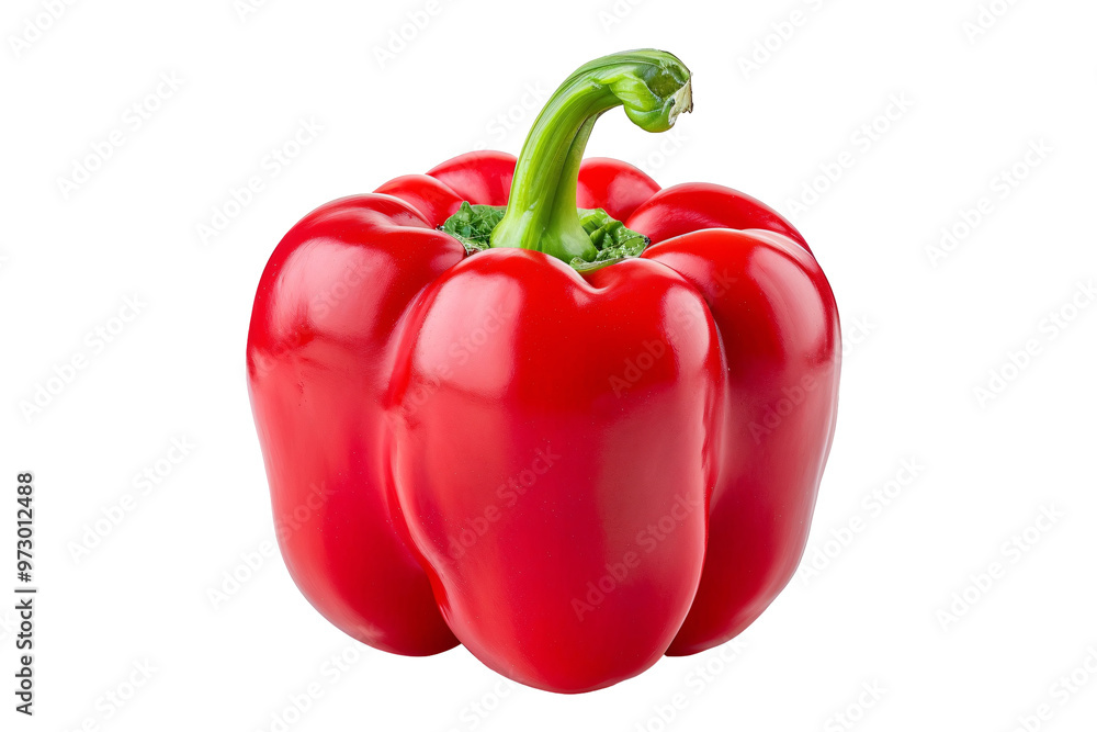 Vibrant red bell pepper on a white background, showcasing its glossy texture and vibrant color. Vibrant red bell pepper on a white background, showcasing its glossy texture and vibrant color.