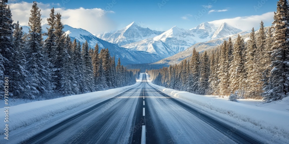 Straight Road Leading to Snowy Mountains Under Clear Blue Skies Straight Road Leading to Snowy Mountains Under Clear Blue Skies