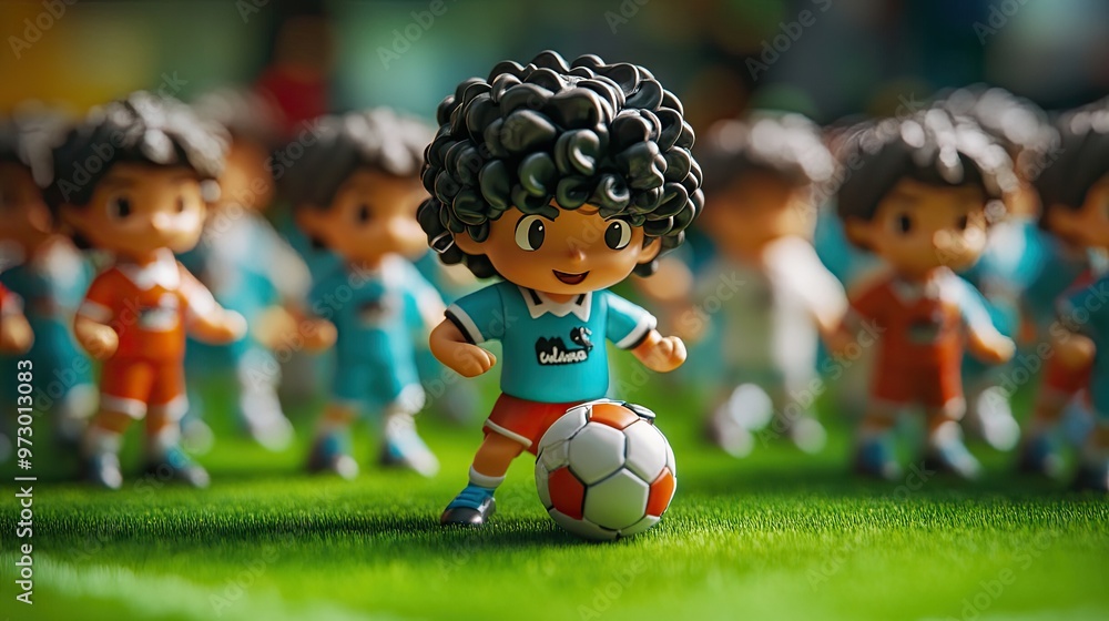 Cute, colorful soccer figurines on a green field, with a curly-haired character at the center, holding the ball and ready for action. Cute, colorful soccer figurines on a green field, with a curly-haired character at the center, holding the ball and ready for action.