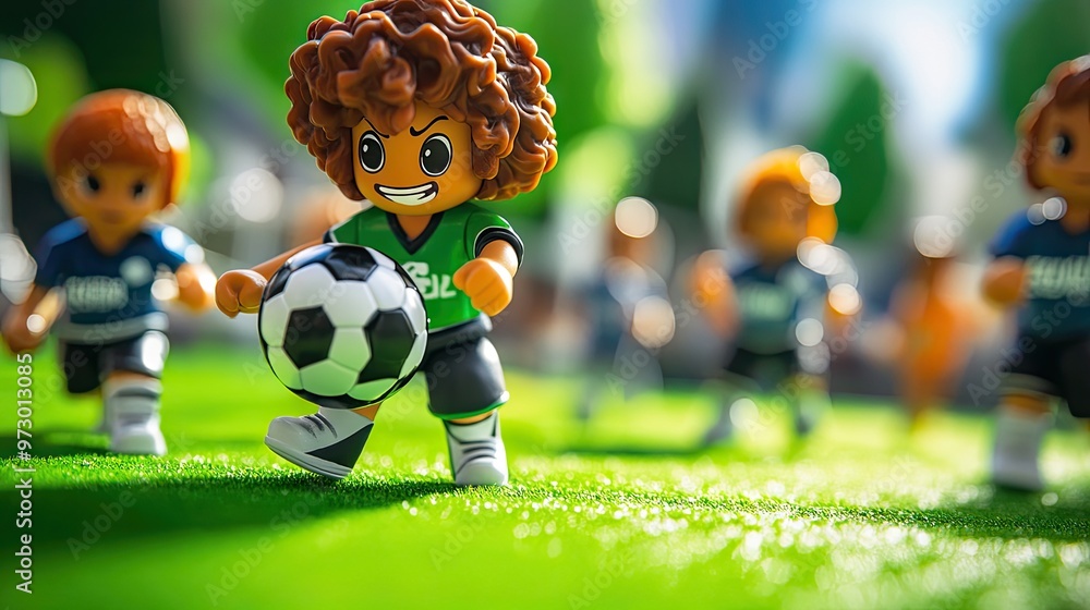 Cute, colorful soccer figurines on a green field, with a curly-haired character at the center, holding the ball and ready for action. Cute, colorful soccer figurines on a green field, with a curly-haired character at the center, holding the ball and ready for action.