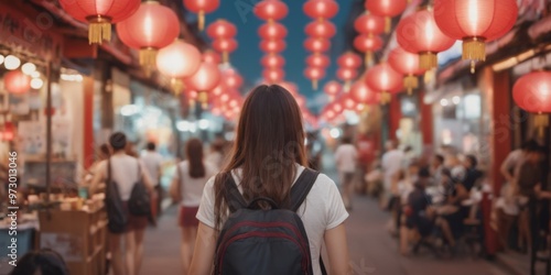 Night City Stroll: Young Woman in White T-shirt with Black Backp photo