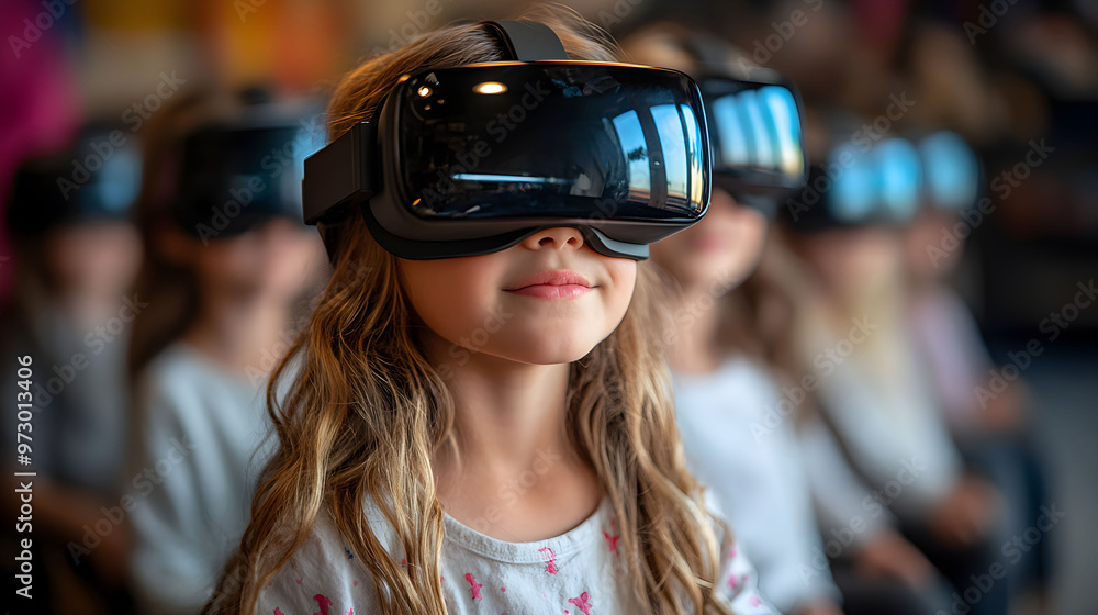 Young girl experiencing virtual reality in a classroom setting during a technology demonstration with peers around her Young girl experiencing virtual reality in a classroom setting during a technology demonstration with peers around her