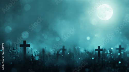 Graveyard cross under full moon with spider web and bokeh effect, background photo