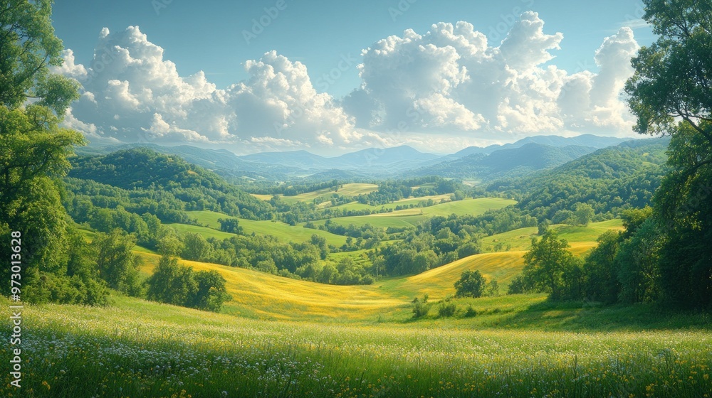 Fototapeta premium Serene landscape with rolling hills and vibrant greenery.