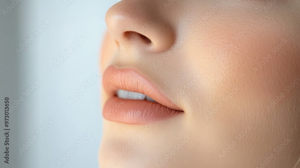 Obraz premium Delicate peach-toned permanent makeup on a young woman lips, highlighting the subtle and natural beauty of cosmetic enhancement.