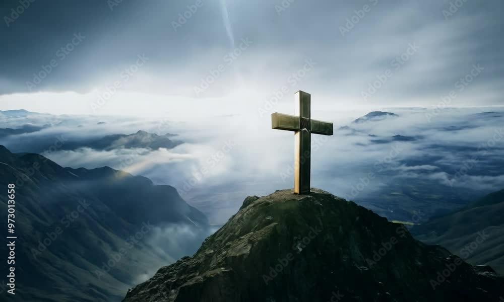 Cross on Mountain Peak with Lightning Cross on Mountain Peak with Lightning