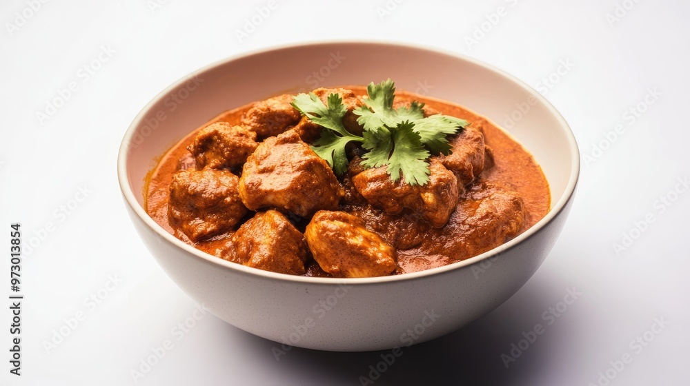 Delicious chicken tikka masala in a simple bowl, presented on a white background with copy space, focusing on the appetizing golden sauce and tender chicken Delicious chicken tikka masala in a simple bowl, presented on a white background with copy space, focusing on the appetizing golden sauce and tender chicken