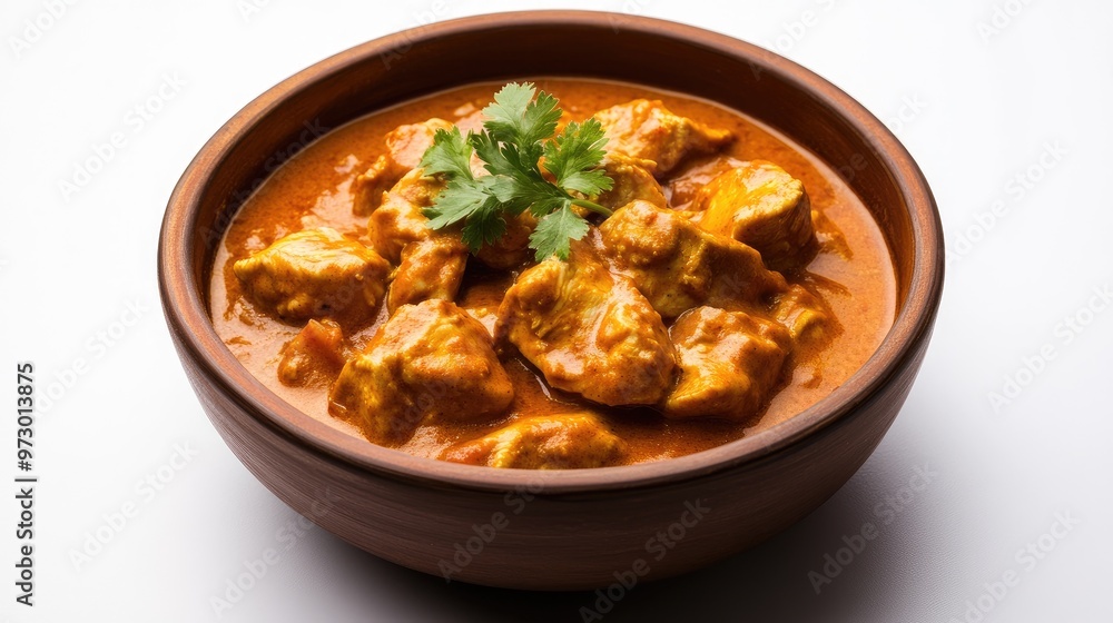 Delicious chicken tikka masala in a simple bowl, presented on a white background with copy space, focusing on the appetizing golden sauce and tender chicken. Delicious chicken tikka masala in a simple bowl, presented on a white background with copy space, focusing on the appetizing golden sauce and tender chicken.