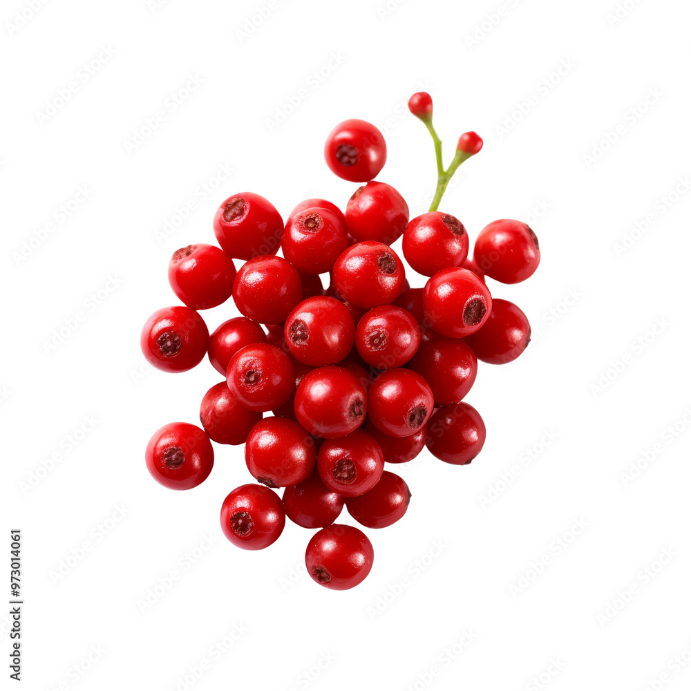 Cluster of Bright Red Berries with Green Leaves on White Background Cluster of Bright Red Berries with Green Leaves on White Background