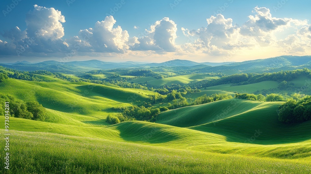 Lush green hills under a bright sky with fluffy clouds. Lush green hills under a bright sky with fluffy clouds.