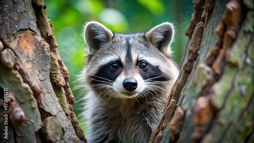 A sly raccoon emerges from beneath a tree, its piercing gaze and mottled gray fur allowing it to vanish into the surrounding foliage once more.