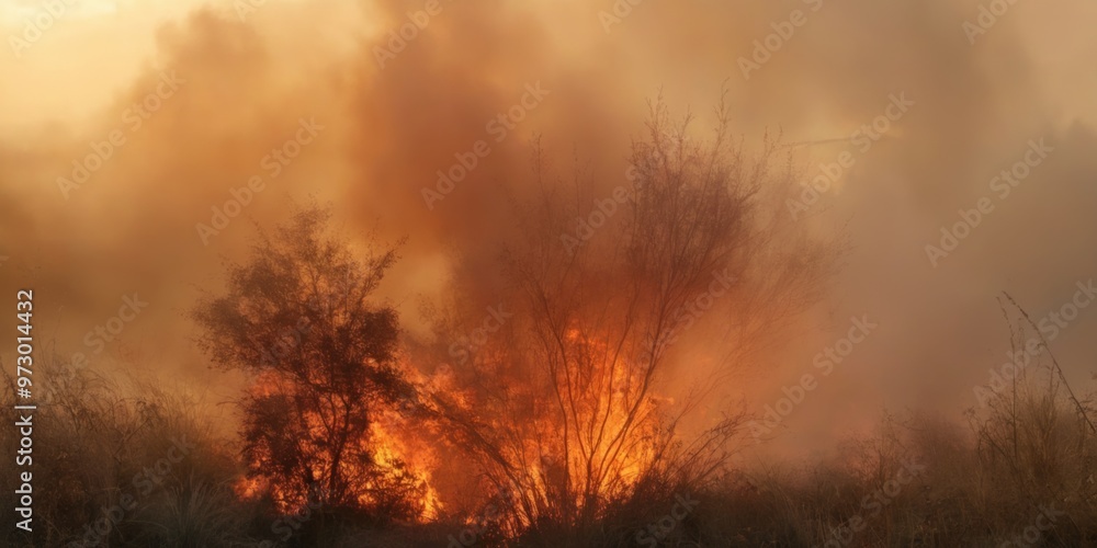 Obraz premium Bushfire burning in field with engulfed branches, bright flames,