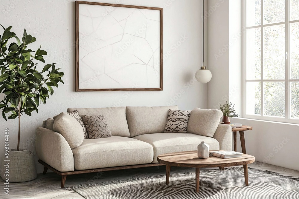 A mid-century modern interior photo of a modern living room with an art frame hanging and a sofa. Generative AI
A mid-century modern interior photo of a modern living room with an art frame hanging and a sofa. Generative AI