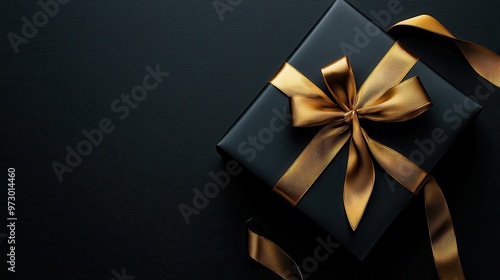 Black Gift Box with Gold Bow and Yellow Ribbon