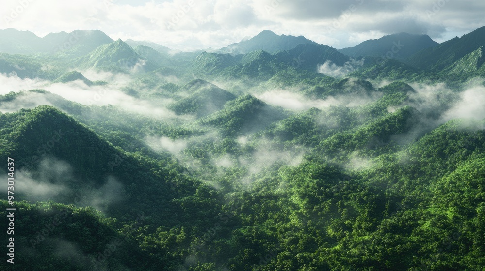 A birds-eye view of a thick, emerald-green forest with rugged mountain ranges rising beyond, covered in mist and clouds. A birds-eye view of a thick, emerald-green forest with rugged mountain ranges rising beyond, covered in mist and clouds.