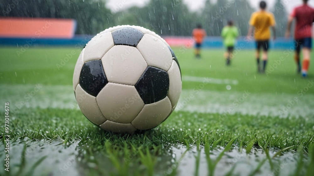 Closeup of a soccer ball on a rain-soaked green field with blurred out players in the background. Closeup of a soccer ball on a rain-soaked green field with blurred out players in the background.