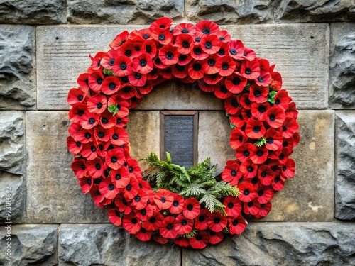 A solemn red poppy wreath surrounds a bronze war memorial plaque, set against a somber gray stone wall, honoring fallen soldiers and commemorating their sacrifice. photo