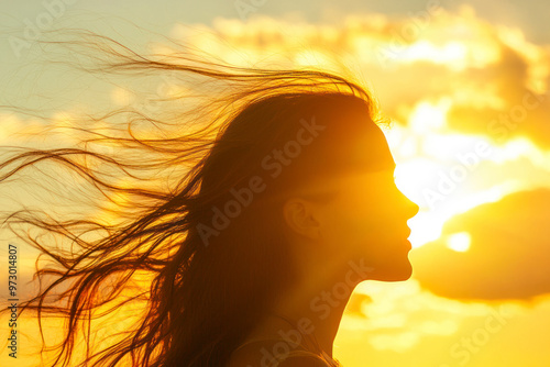 Wallpaper Mural Portrait of girl, sun day, silhouette. Beautiful flowing female brown hair. Young woman looks at sky. Torontodigital.ca