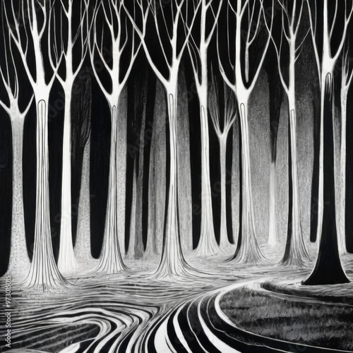 Minimalistic black and white drawing of a tree group with talles photo