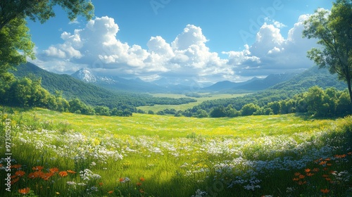 Vibrant landscape with flowers, mountains, and a clear blue sky.